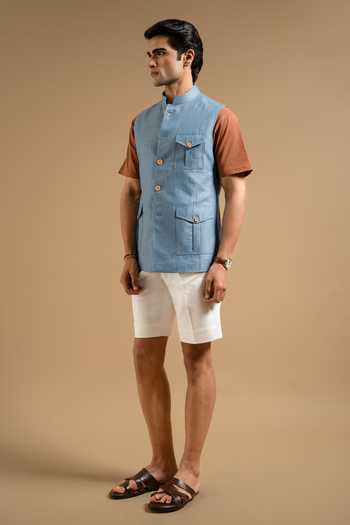 Gargee Designers_Sky Blue Linen Herring Down Vest _Online_at_Aza_Fashions