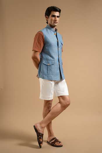 Buy_Gargee Designers_Sky Blue Linen Herring Down Vest _Online_at_Aza_Fashions