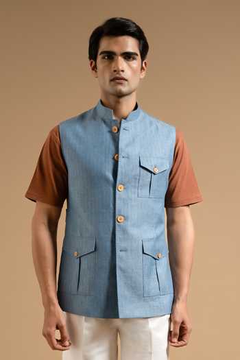 Shop_Gargee Designers_Sky Blue Linen Herring Down Vest _Online_at_Aza_Fashions