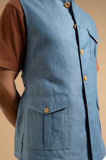 Gargee Designers_Sky Blue Linen Herring Down Vest _at_Aza_Fashions