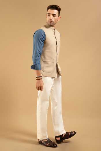 Gargee Designers Beige Polyester Linen Look Patch Pocket Down Vest Online at Aza Fashions Gargee Designers_Beige Polyester Linen Look Patch Pocket Down Vest _Online_at_Aza_Fashions