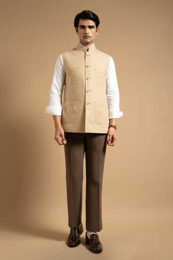 Gargee Designers Beige Linen Utility Down Vest Online at Aza Fashions Gargee Designers_Beige Linen Utility Down Vest _Online_at_Aza_Fashions