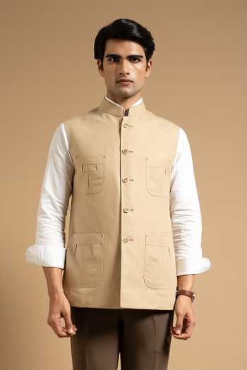 Buy Gargee Designers Beige Linen Utility Down Vest Online at Aza Fashions Buy_Gargee Designers_Beige Linen Utility Down Vest _Online_at_Aza_Fashions