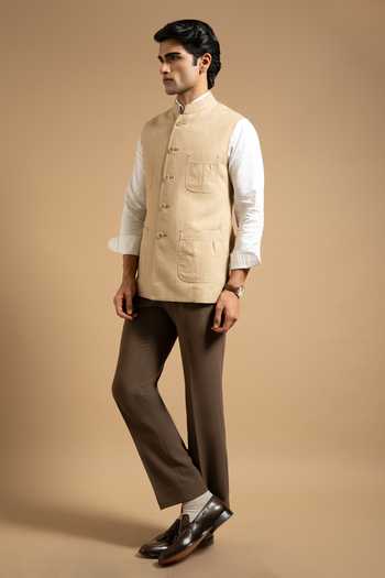 Shop Gargee Designers Beige Linen Utility Down Vest Online at Aza Fashions Shop_Gargee Designers_Beige Linen Utility Down Vest _Online_at_Aza_Fashions