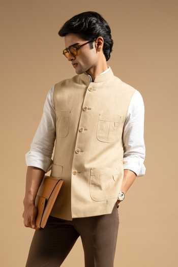 Gargee Designers Beige Linen Utility Down Vest