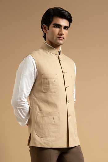 Gargee Designers Beige Linen Utility Down Vest at Aza Fashions Gargee Designers_Beige Linen Utility Down Vest _at_Aza_Fashions