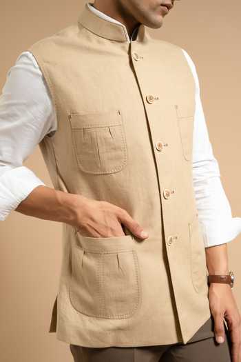 Buy Gargee Designers Beige Linen Utility Down Vest Buy_Gargee Designers_Beige Linen Utility Down Vest