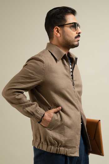 Gargee Designers Brown Linen Khakhi Zip Front Utility Jacket Online at Aza Fashions Gargee Designers_Brown Linen Khakhi Zip Front Utility Jacket _Online_at_Aza_Fashions