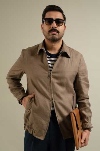 Gargee Designers Khakhi Linen Zip Front Utility Jacket 
