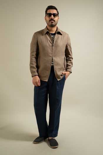 Buy Gargee Designers Brown Linen Khakhi Zip Front Utility Jacket Online at Aza Fashions Buy_Gargee Designers_Brown Linen Khakhi Zip Front Utility Jacket _Online_at_Aza_Fashions