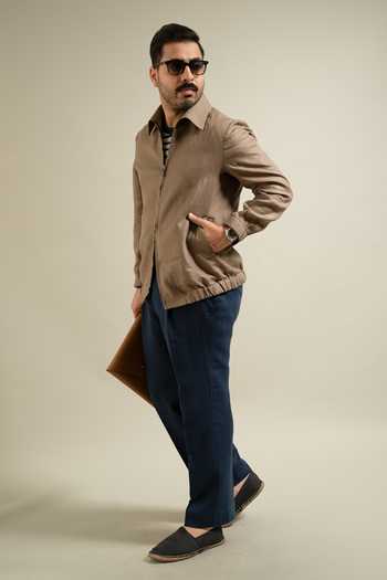 Shop Gargee Designers Brown Linen Khakhi Zip Front Utility Jacket Online at Aza Fashions Shop_Gargee Designers_Brown Linen Khakhi Zip Front Utility Jacket _Online_at_Aza_Fashions