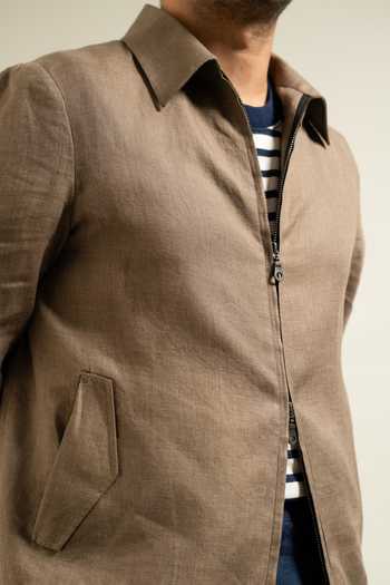 Gargee Designers Brown Linen Khakhi Zip Front Utility Jacket at Aza Fashions Gargee Designers_Brown Linen Khakhi Zip Front Utility Jacket _at_Aza_Fashions
