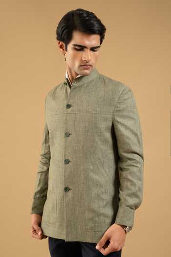 Shop_Gargee Designers_Green Linen Sage Structured Shacket _Online_at_Aza_Fashions