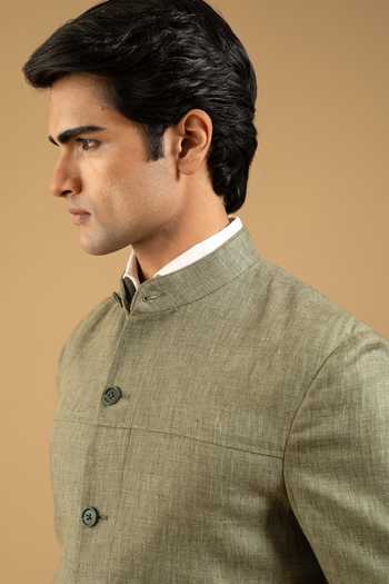 Gargee Designers_Green Linen Sage Structured Shacket _at_Aza_Fashions