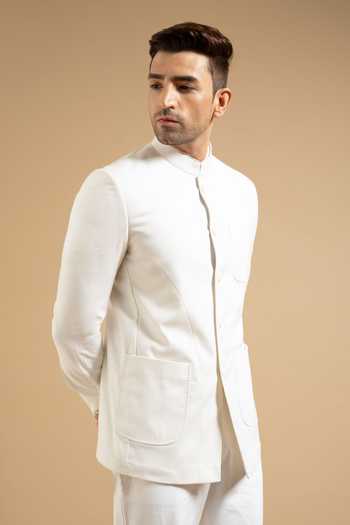 Gargee Designers_White Cotton Linen Structured Bandhgala _Online_at_Aza_Fashions