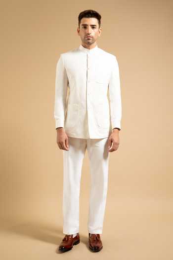 Shop_Gargee Designers_White Cotton Linen Structured Bandhgala _Online_at_Aza_Fashions