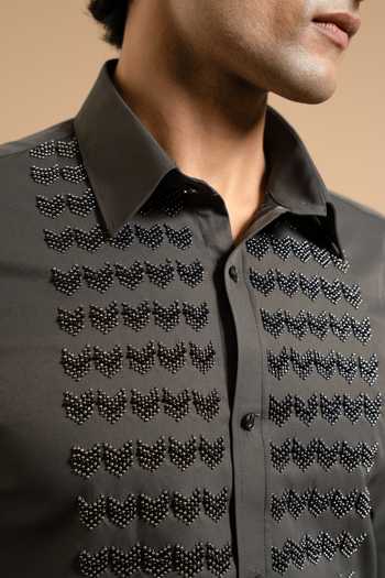 Gargee Designers Grey Satin, Polyester Deep Textured Panel Shirt at Aza Fashions Gargee Designers_Grey Satin, Polyester Deep Textured Panel Shirt _at_Aza_Fashions