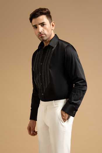 Gargee Designers_Black Polyester, Satin Textured Embellished Panel Shirt _Online_at_Aza_Fashions