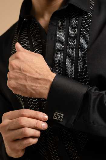 Gargee Designers_Black Polyester, Satin Textured Embellished Panel Shirt _at_Aza_Fashions