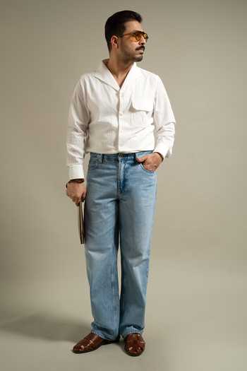 Gargee Designers_White Cotton Textured Resort Collar Shirt _Online_at_Aza_Fashions