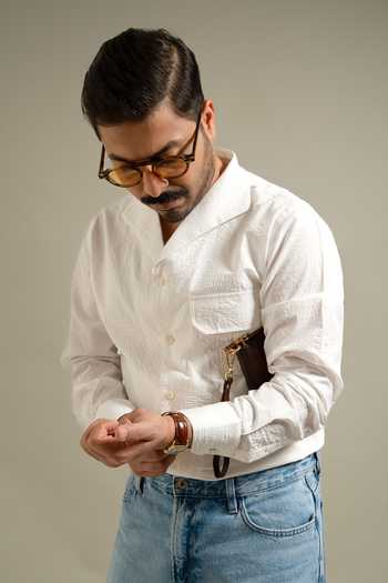 Gargee Designers_White Cotton Textured Resort Collar Shirt _at_Aza_Fashions