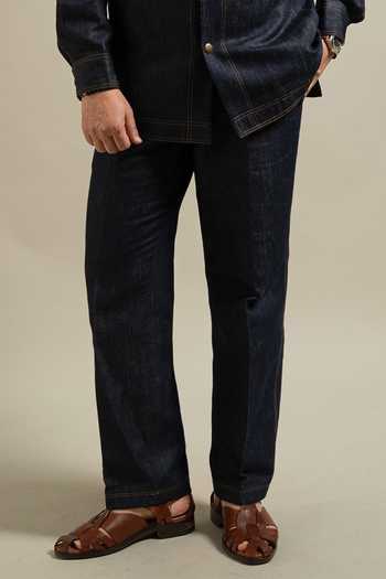 Gargee Designers Blue Cotton, Denim Navy Contrast Stitch Jacket And Pant Set Online at Aza Fashions Gargee Designers_Blue Cotton, Denim Navy Contrast Stitch Jacket And Pant Set _Online_at_Aza_Fashions