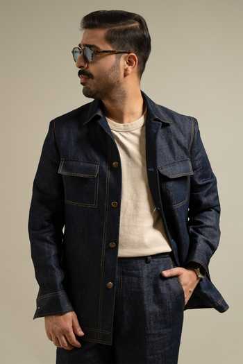 Buy Gargee Designers Blue Cotton, Denim Navy Contrast Stitch Jacket And Pant Set Online at Aza Fashions Buy_Gargee Designers_Blue Cotton, Denim Navy Contrast Stitch Jacket And Pant Set _Online_at_Aza_Fashions