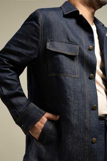Shop Gargee Designers Blue Cotton, Denim Navy Contrast Stitch Jacket And Pant Set Online at Aza Fashions Shop_Gargee Designers_Blue Cotton, Denim Navy Contrast Stitch Jacket And Pant Set _Online_at_Aza_Fashions