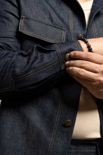 Gargee Designers Blue Cotton, Denim Navy Contrast Stitch Jacket And Pant Set at Aza Fashions Gargee Designers_Blue Cotton, Denim Navy Contrast Stitch Jacket And Pant Set _at_Aza_Fashions