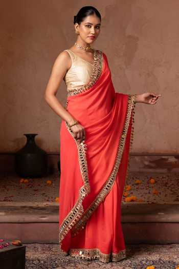 Shop Zal From Benaras Orange Georgette Mirror Border Saree With Unstitched Blouse Fabric Online at Aza Fashions Shop_Zal From Benaras_Orange Georgette Mirror Border Saree With Unstitched Blouse Fabric _Online_at_Aza_Fashions