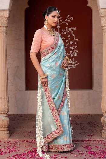 Shop Zal From Benaras Sky Blue Silk Handloom Saree With Unstitched Blouse Fabric Online at Aza Fashions Shop_Zal From Benaras_Sky Blue Silk Handloom Saree With Unstitched Blouse Fabric _Online_at_Aza_Fashions