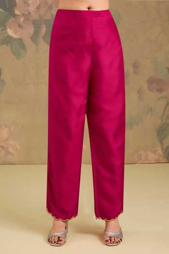 Shop_Studio A_Magenta Silk Mandarin Collar, Yes Embroidered Kurta Set _Online_at_Aza_Fashions