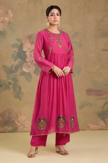 Studio A Magenta Chanderi Round Neck Cutdana Embroidered Anarkali Set Online at Aza Fashions Studio A_Magenta Chanderi Round Neck Cutdana Embroidered Anarkali Set _Online_at_Aza_Fashions
