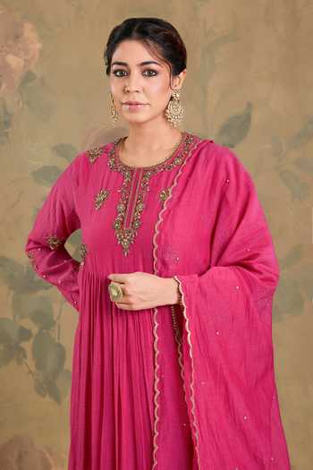 Shop Studio A Magenta Chanderi Round Neck Cutdana Embroidered Anarkali Set Online at Aza Fashions Shop_Studio A_Magenta Chanderi Round Neck Cutdana Embroidered Anarkali Set _Online_at_Aza_Fashions