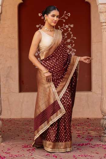 Shop_Zal From Benaras_Maroon Chiffon Handloom Saree With Unstitched Blouse Fabric _Online_at_Aza_Fashions
