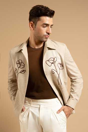 Gargee Designers Beige Linen Blend Embroidered Utility Shacket 