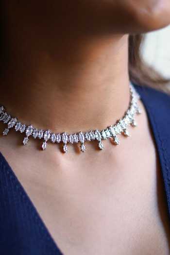 ESME White Lustre Fringe Embellished Necklace Online at Aza Fashions ESME_White Lustre Fringe Embellished Necklace _Online_at_Aza_Fashions