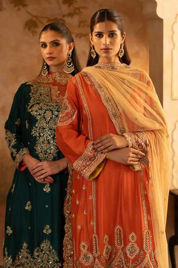 Shop_ANGAD SINGH_Green Silk, Net High Neck, Yes Bottle Embroidered Kurta Set 