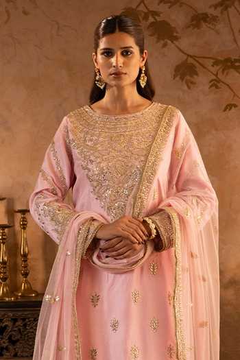 Shop_ANGAD SINGH_Pink Silk, Net Round Neck Blush Embroidered Kurta Set _Online_at_Aza_Fashions