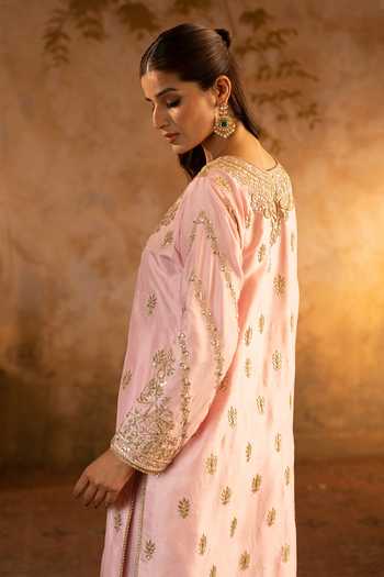 ANGAD SINGH_Pink Silk, Net Round Neck Blush Embroidered Kurta Set _at_Aza_Fashions