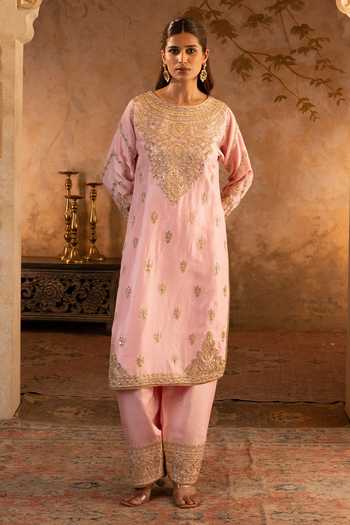 Buy_ANGAD SINGH_Pink Silk, Net Round Neck Blush Embroidered Kurta Set 