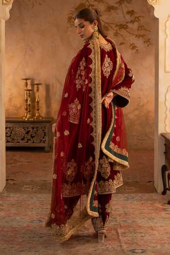 Buy ANGAD SINGH Maroon Net, Velvet Round Neck Embroidered Anarkali Set Online at Aza Fashions Buy_ANGAD SINGH_Maroon Net, Velvet Round Neck Embroidered Anarkali Set _Online_at_Aza_Fashions
