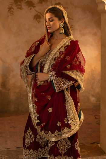 Shop ANGAD SINGH Maroon Net, Velvet Round Neck Embroidered Anarkali Set Online at Aza Fashions Shop_ANGAD SINGH_Maroon Net, Velvet Round Neck Embroidered Anarkali Set _Online_at_Aza_Fashions