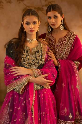 Buy ANGAD SINGH Grey Net, Velvet Split V-neck Embroidered Kurta Set Buy_ANGAD SINGH_Grey Net, Velvet Split V-neck Embroidered Kurta Set