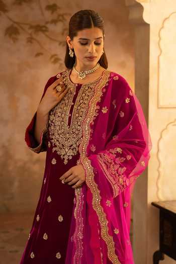 Buy ANGAD SINGH Maroon Net, Velvet Round Neck, Yes Embroidered Kurta Set Online at Aza Fashions Buy_ANGAD SINGH_Maroon Net, Velvet Round Neck, Yes Embroidered Kurta Set _Online_at_Aza_Fashions