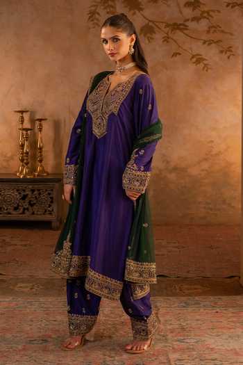 Buy ANGAD SINGH Purple Silk, Net V-neck, Yes Embroidered Kurta Set Online at Aza Fashions Buy_ANGAD SINGH_Purple Silk, Net V-neck, Yes Embroidered Kurta Set _Online_at_Aza_Fashions