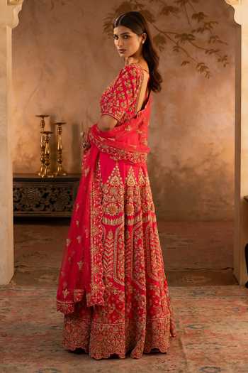 Buy_ANGAD SINGH_Red Silk, Net Scoop Neck Raw Anarkali With Dupatta _Online_at_Aza_Fashions