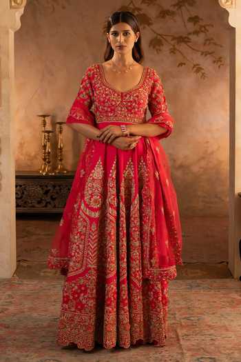 ANGAD SINGH Red Raw Silk Anarkali With Dupatta 