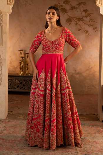 Shop_ANGAD SINGH_Red Silk, Net Scoop Neck Raw Anarkali With Dupatta _Online_at_Aza_Fashions