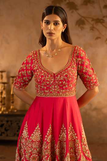 ANGAD SINGH_Red Silk, Net Scoop Neck Raw Anarkali With Dupatta _at_Aza_Fashions